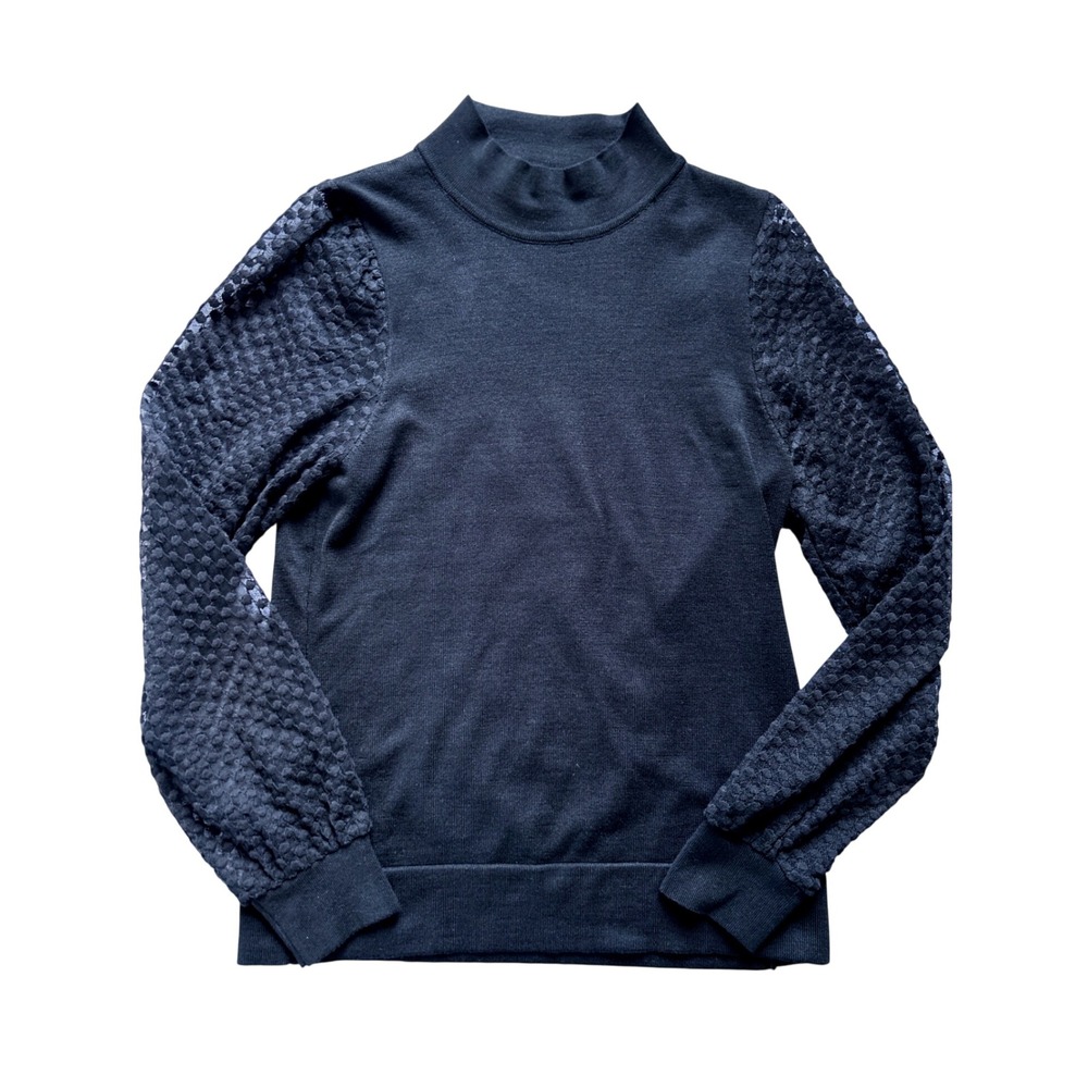 Catherine Malandrino Sweater Women Black Mesh Dot‎ Puff Sleeve Mock Neck Size M